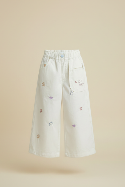 Pantalon Blanc Brodé Ample Décontracté Fille Coton - vue 3