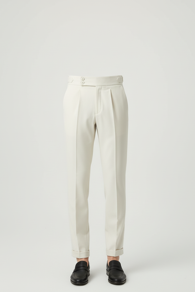 Pantalon Blanc Homme Plissé Taille Haute Élégant Décontracté - Beige Gabardine - vue 3