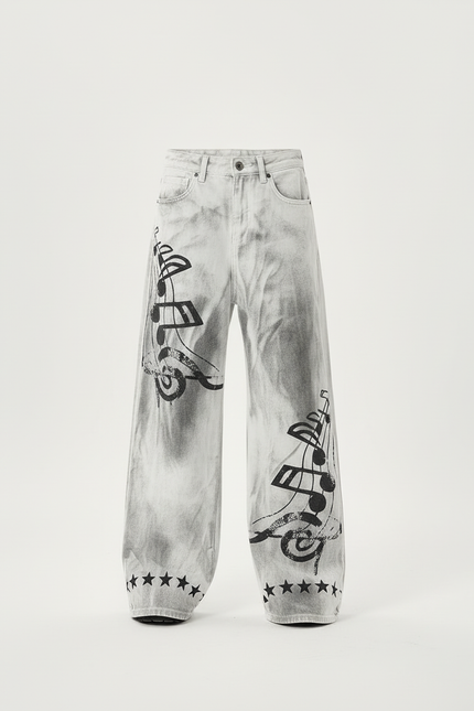 Pantalon Blanc Large Imprimé Notes Musique Garçon - Gris Jean - vue 3