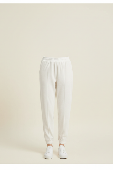 Pantalon Blanc Côtelé Décontracté Cheville Élastique Femme - Cordé - vue 3