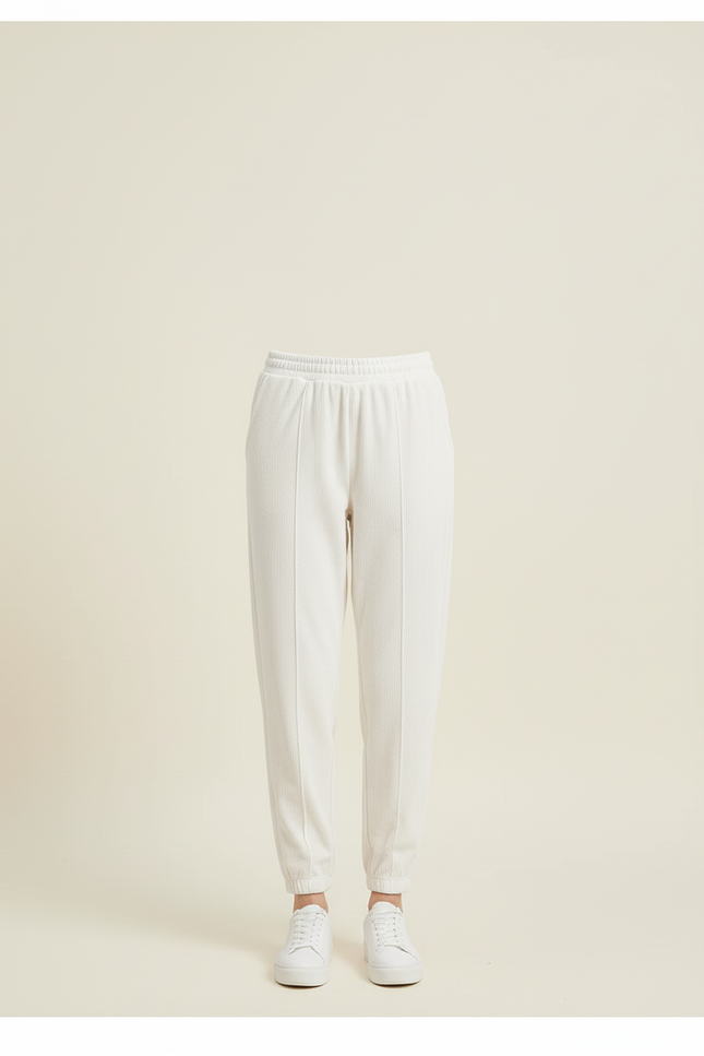Pantalon Blanc Côtelé Décontracté Cheville Élastique Femme - Cordé - vue 3