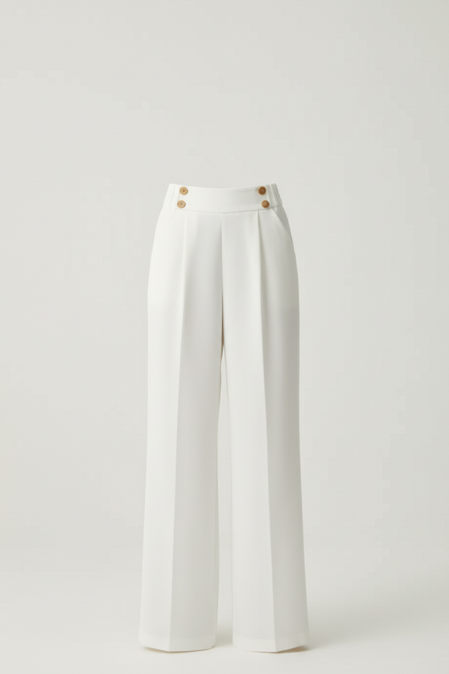 Pantalon Blanc Ample Plissé Taille Haute Femme - Polyester - vue 3